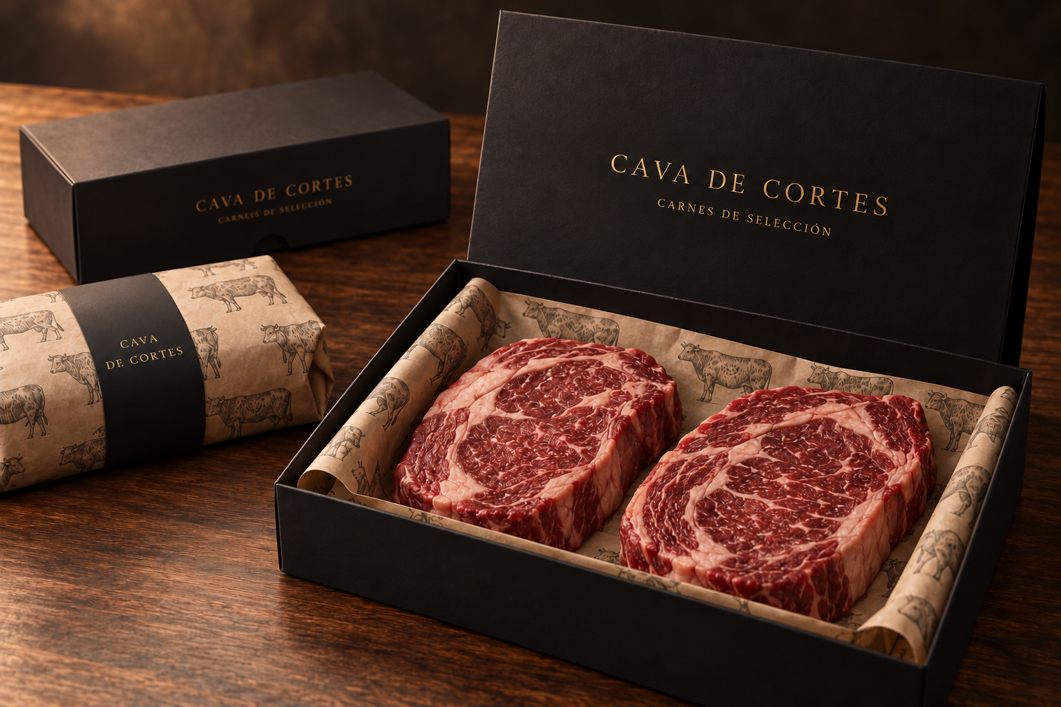 Propuesta de cajas y bolsas de Cava de Cortes en negro y dorado